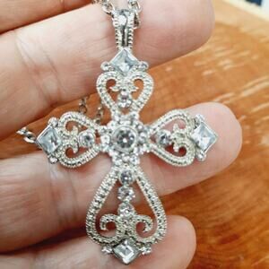 Pave Style Cross‎ Necklace w/Rhinestones & Hearts